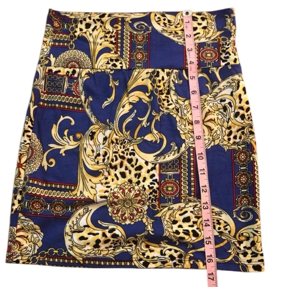 Vintage 1990’s Gold and Blue Bold Print Bandage Mini Skirt, Small‎ 25-28” Waist
